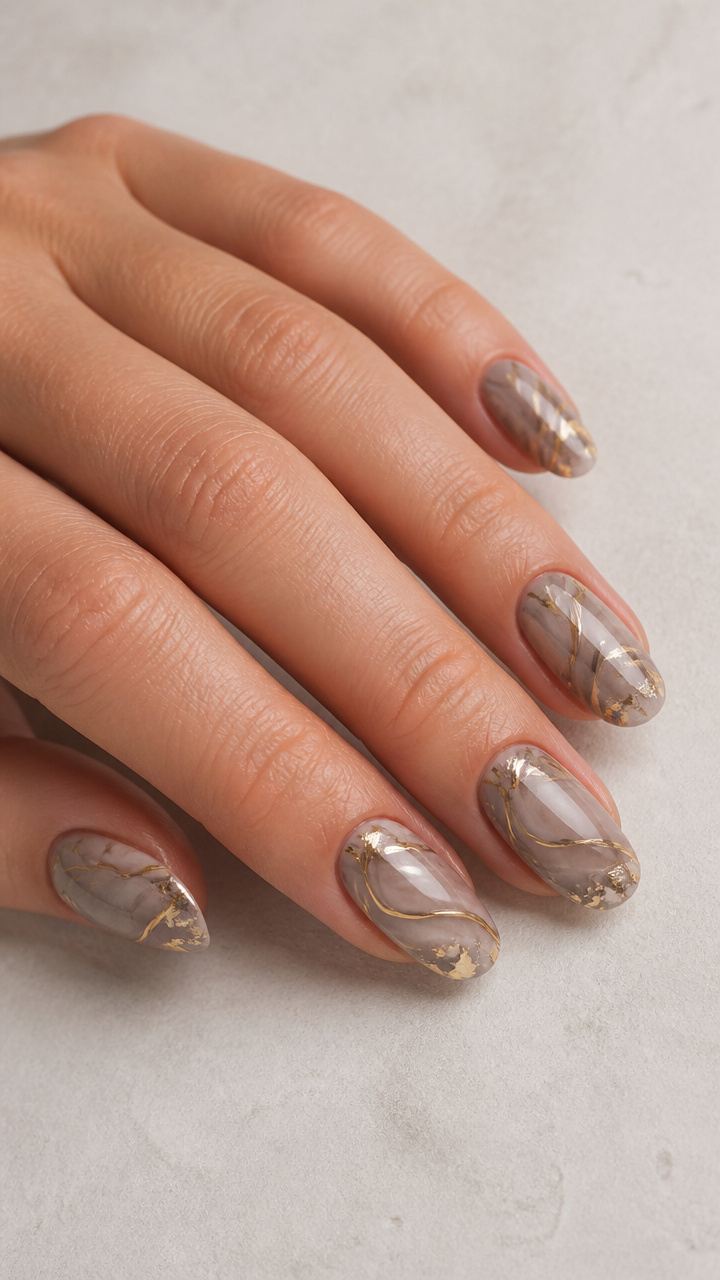 Grey Taupe Marble Nails with Swirling Gold Ribbons
