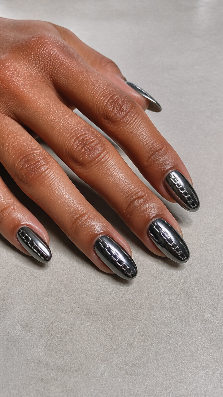 Gunmetal Grey Chrome Nails with Edgy Chain Link Decals