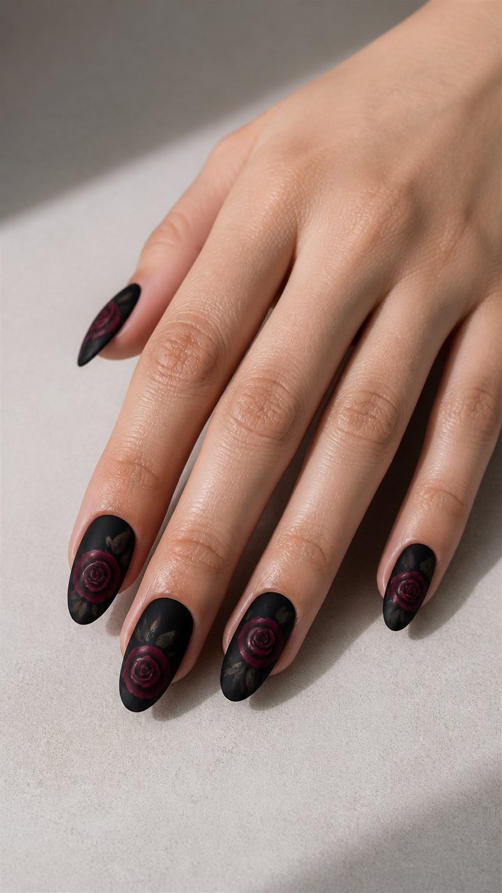 Hand-Painted Burgundy Roses on a Matte Black Canvas