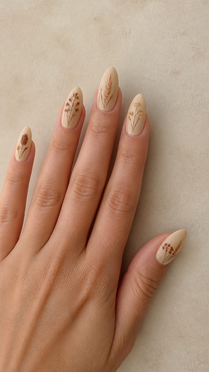 Harvest Wheat Beige Almond Nails with Dried Flower Imprints