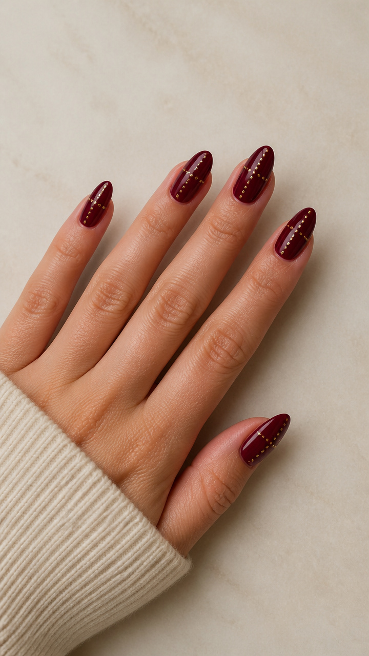 High Shine Cranberry Almond Nails with Minimalist Gold Dot Grid