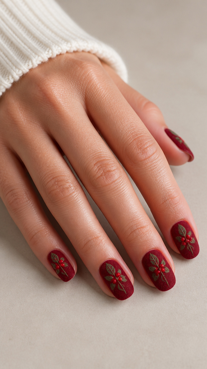 Holly Berry Velvet Nails with Green Leaf Veins