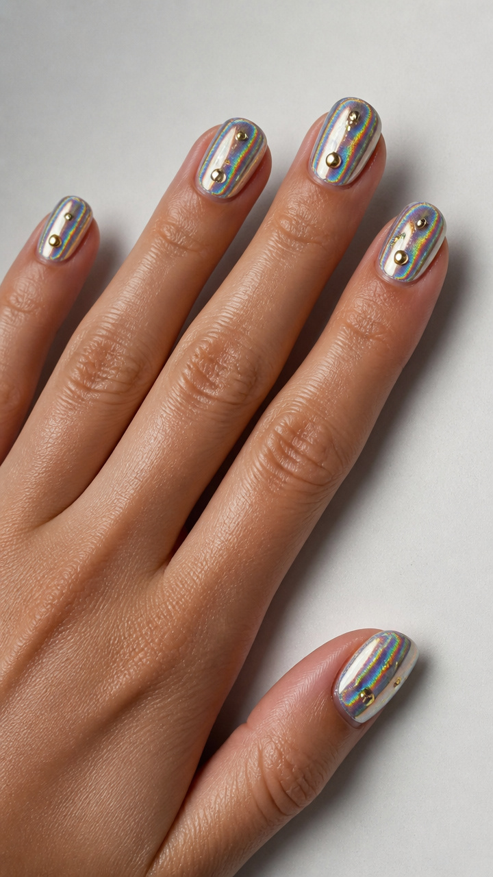Holographic Chrome Round Nails with Mixed Metal Studs