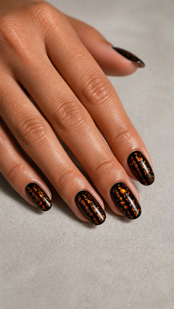 Holographic Orange Flake Overlay on Black Base Coat