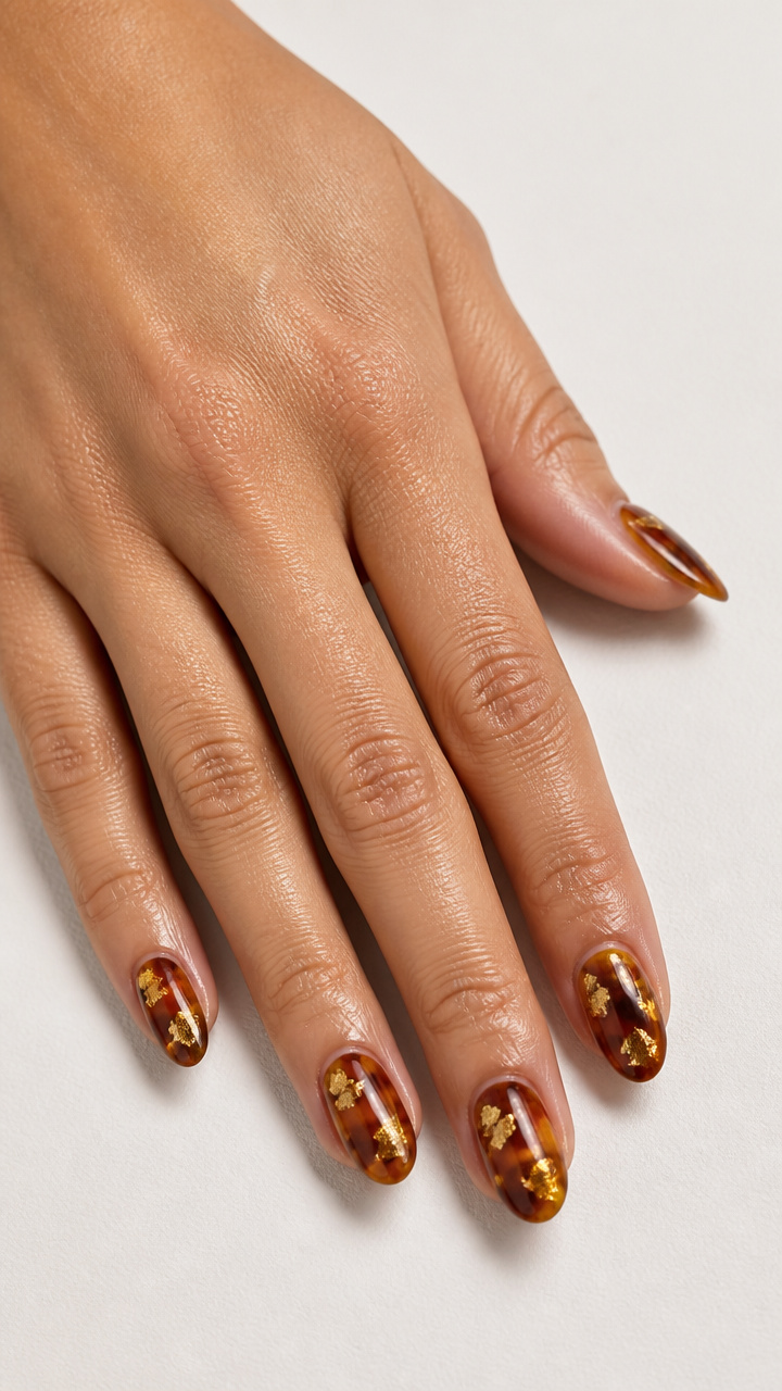 Honey Tortoiseshell Nails with Gold Leaf Accents