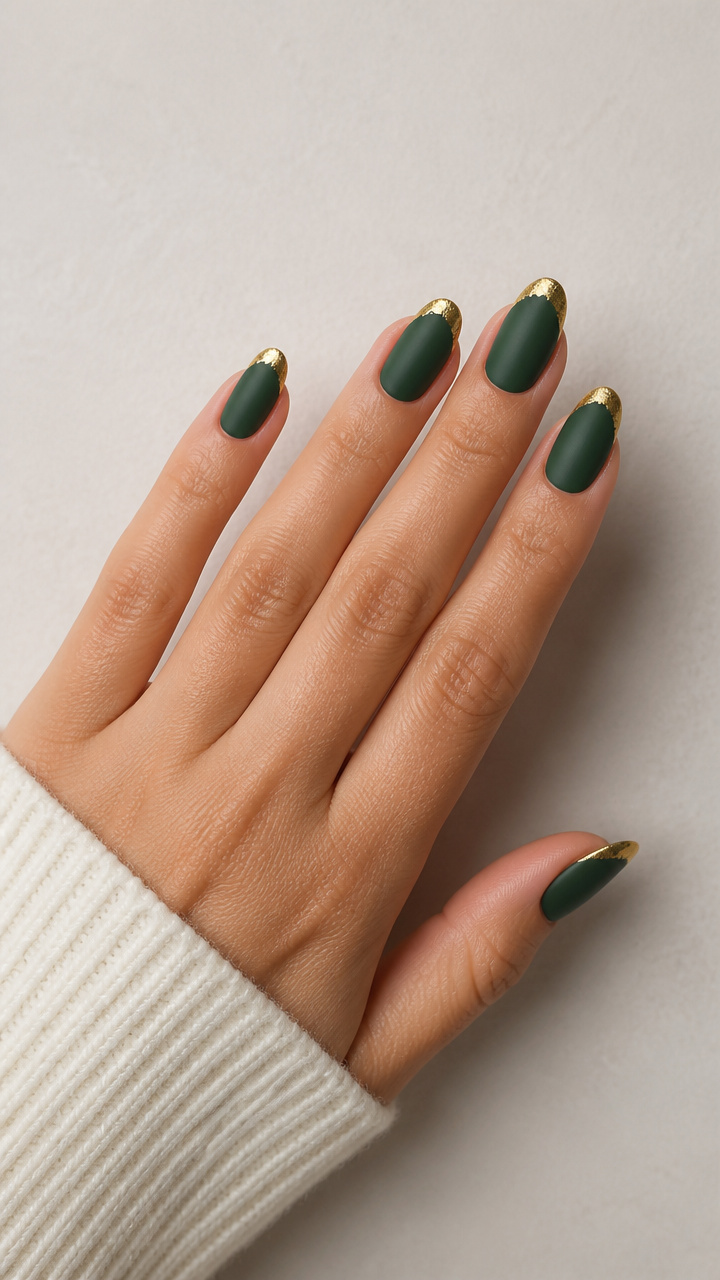 Hunter Green Matte Nails with Gold Foil French Tips