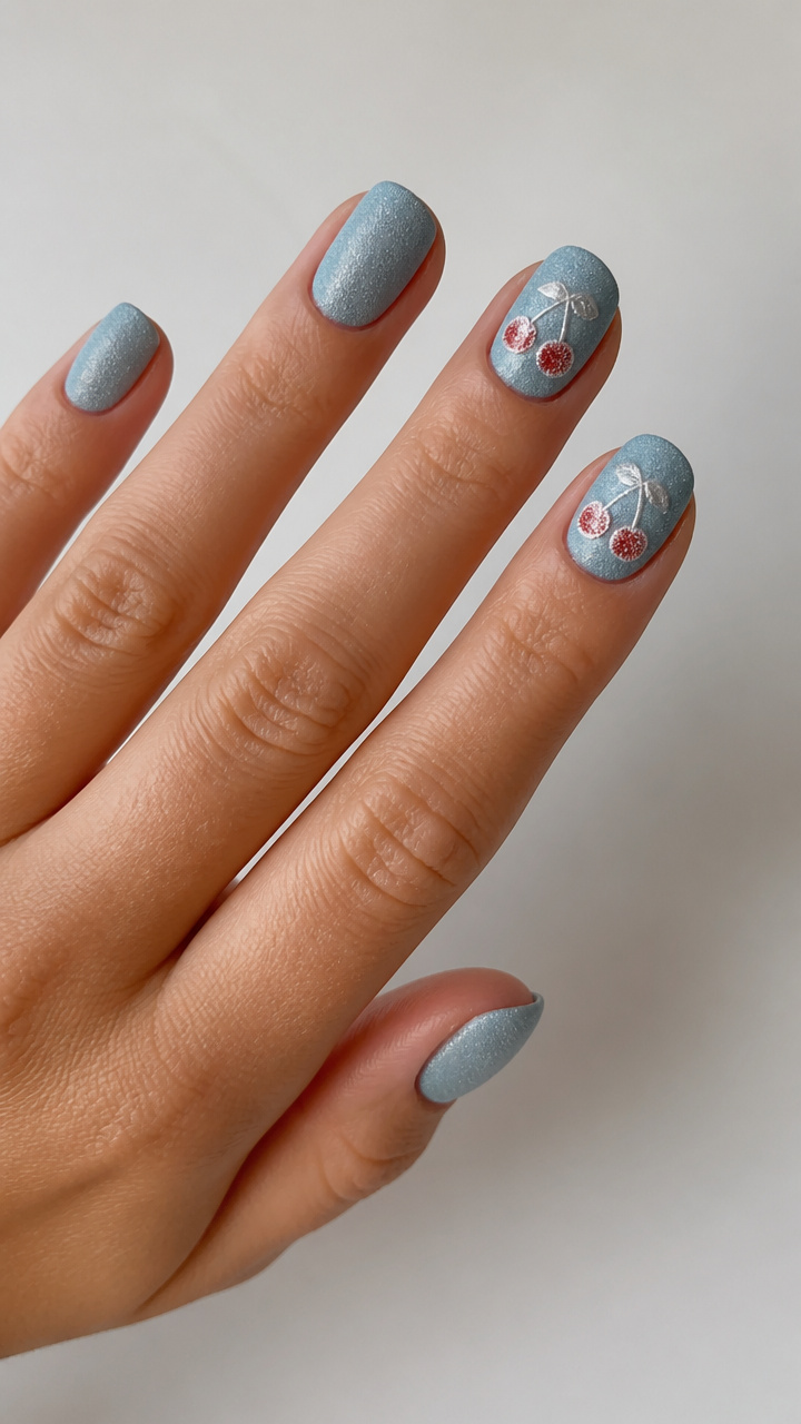 Icy Blue Velvet Nails with Frosted Cherry Ornaments