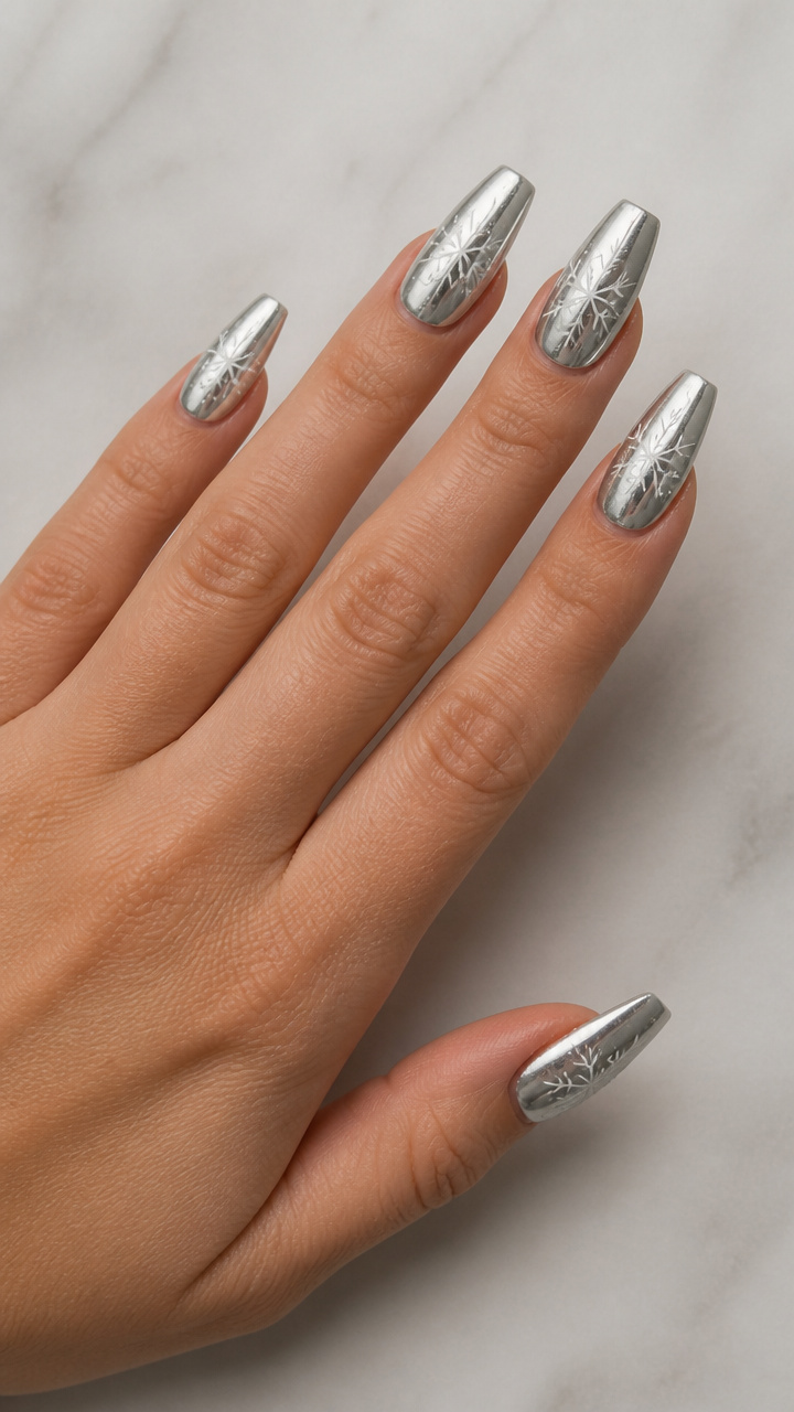 Icy Silver Chrome Coffin Tips with Snowflake Etching