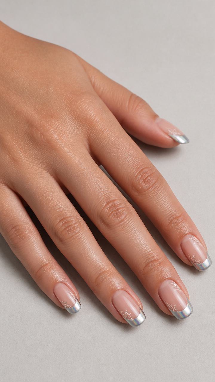 Iridescent Chrome Silver French Tips with Micro Spiderwebs
