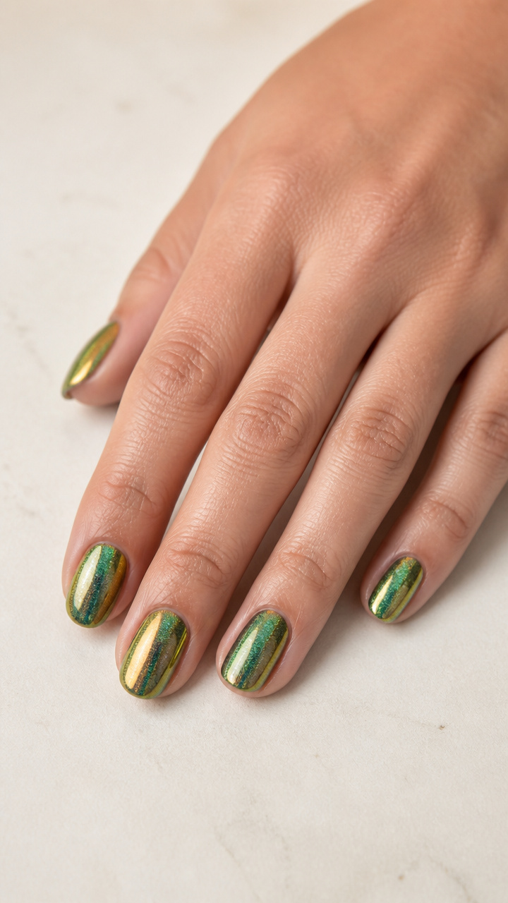 Iridescent Green Holographic Nails with Gold Chrome Overlay