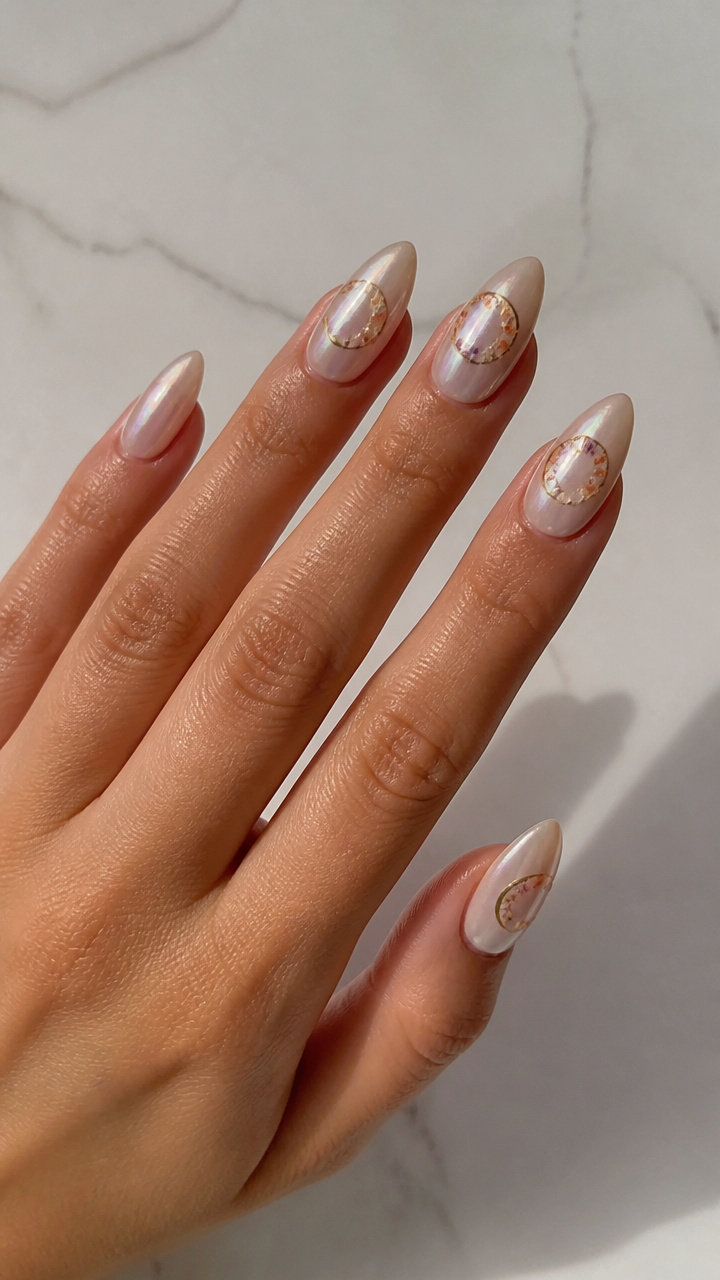 Iridescent Pearl Almond Nails with Embedded Dried Flower Moons