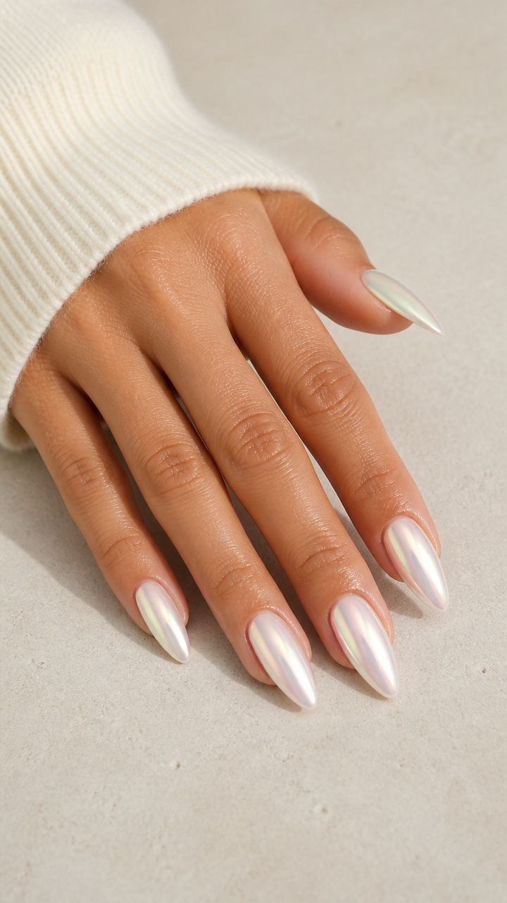 Iridescent Pearl Chrome Full Coverage on Stiletto Nails
