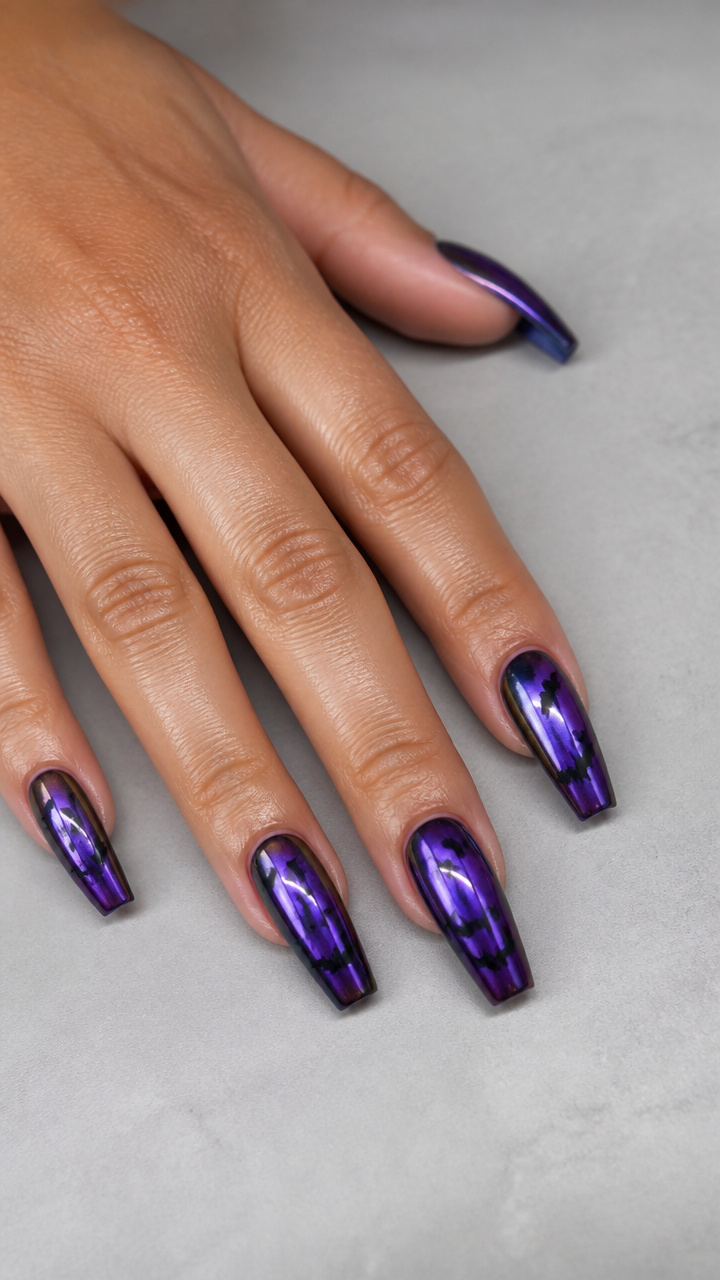 Iridescent Purple Chrome Coffin Tips with Matte Black Bat Silhouettes