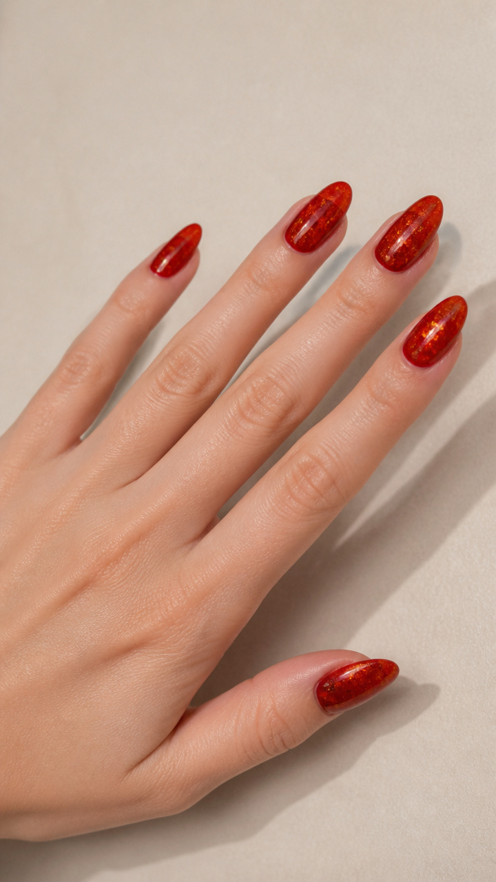 Iridescent Red Jelly Nails Layered with Fine Gold Dust