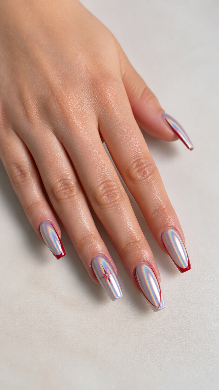 Iridescent Silver Chrome Coffin Nails with Red Accents