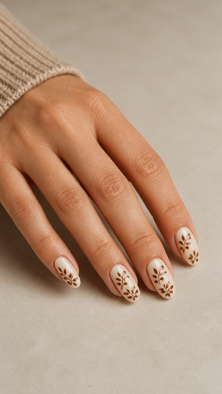 Ivory Canvas with Rustic Brown Leaf Stencils