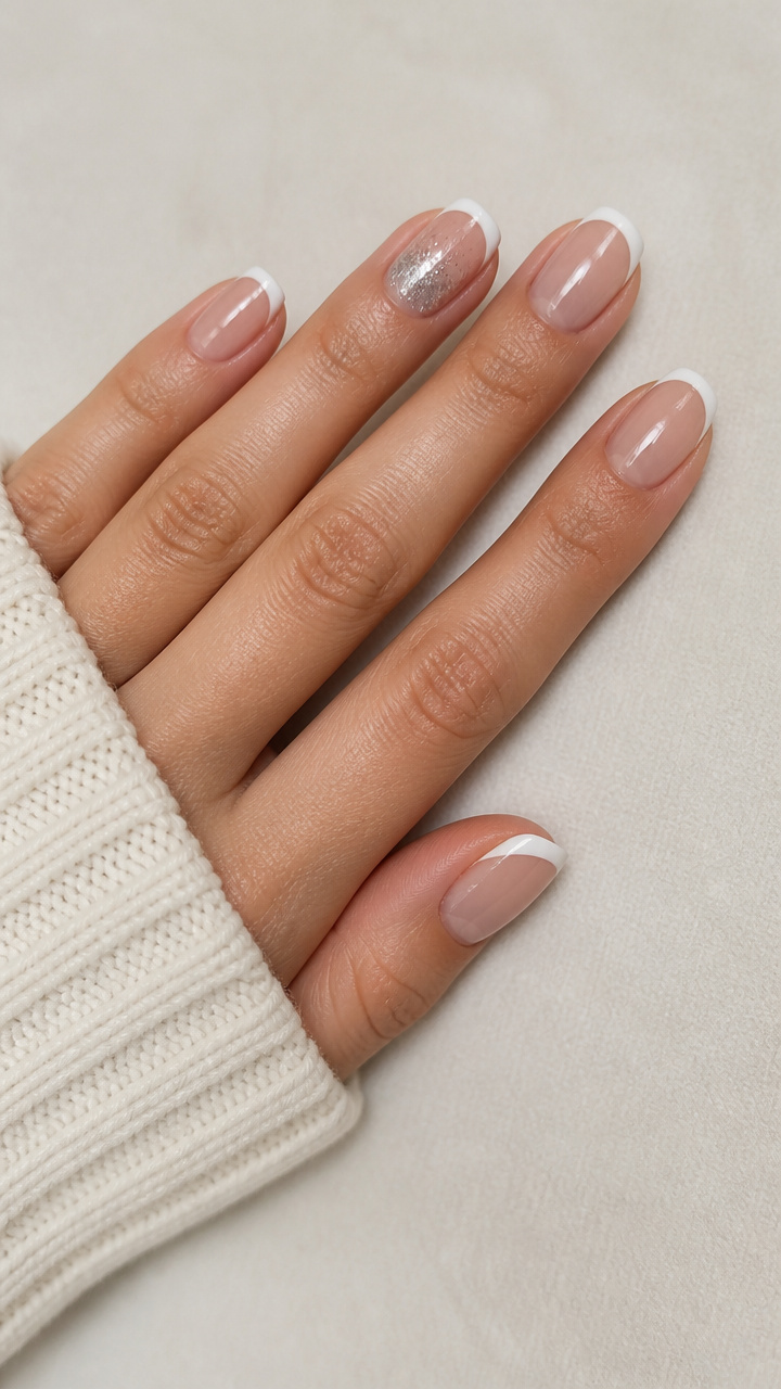 Ivory French Tips with Silver Glitter Accent