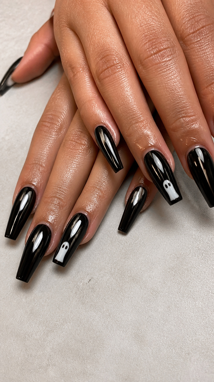 Jet Black Chrome Coffin Nails with Minimalist White Ghost Accents