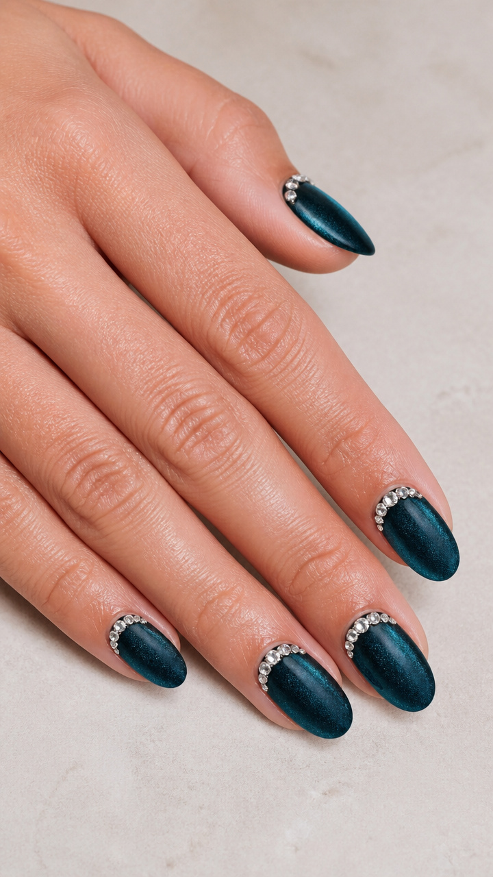Jewel Tone Teal Velvet Nails with Diamond Encrusted Cuticles