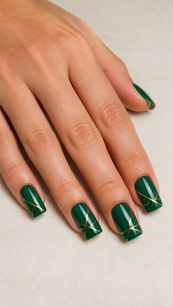 Kelly Green Square Nails with Gold Geometric Stripes