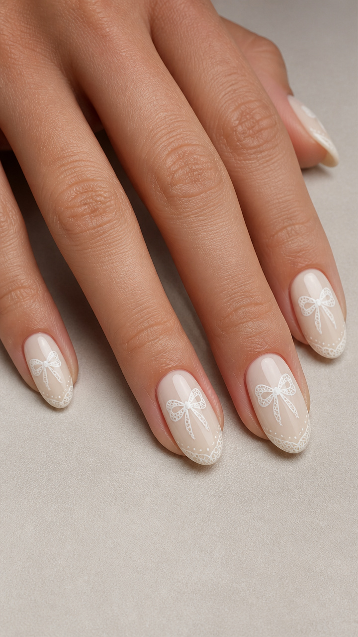 Lace-Inspired White Bow on Oval Nails