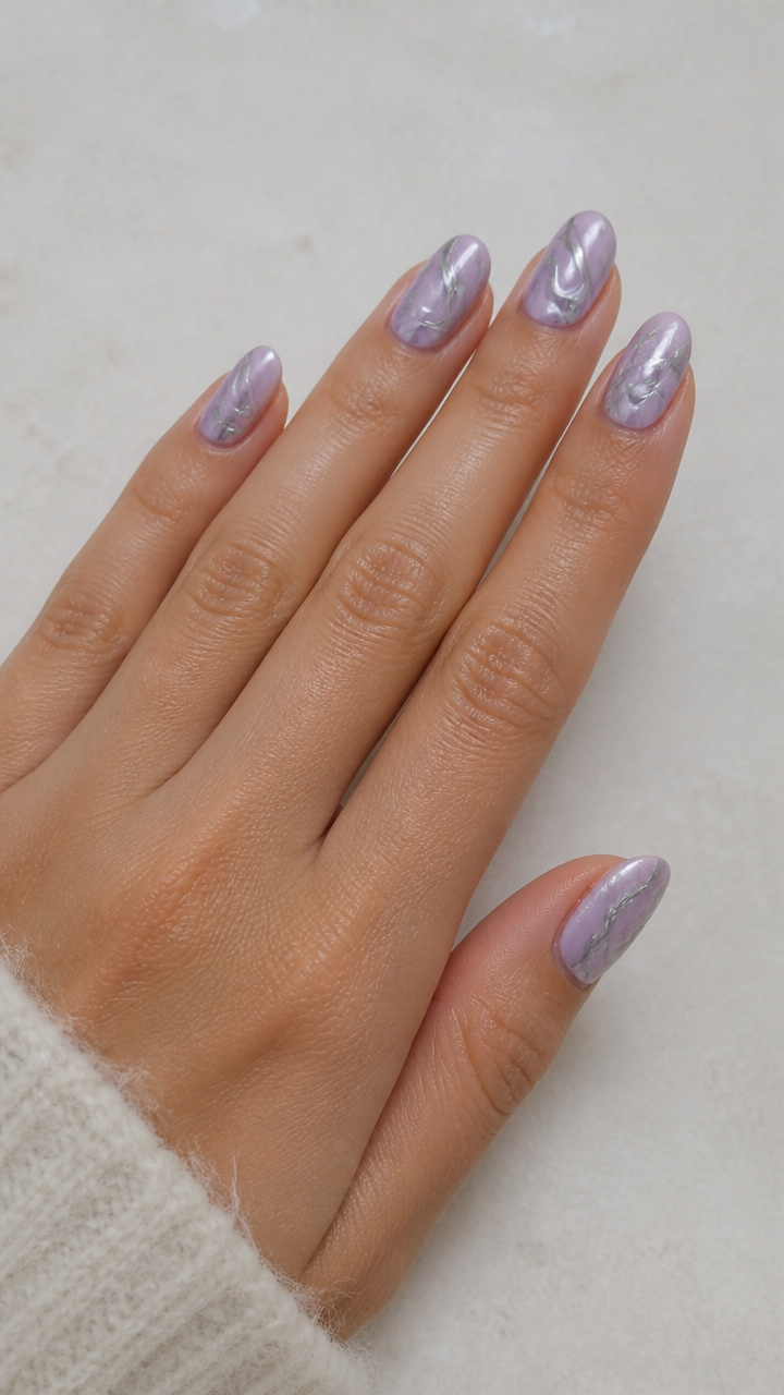 Lavender Chrome Oval Nails with Silver Chrome Marbling