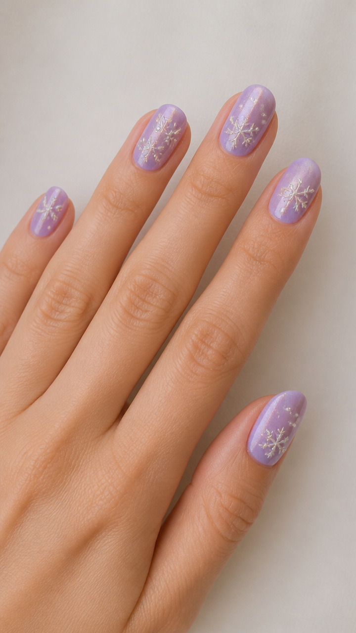 Lavender Dream Nails with Pearlized Snowflake Embellishments