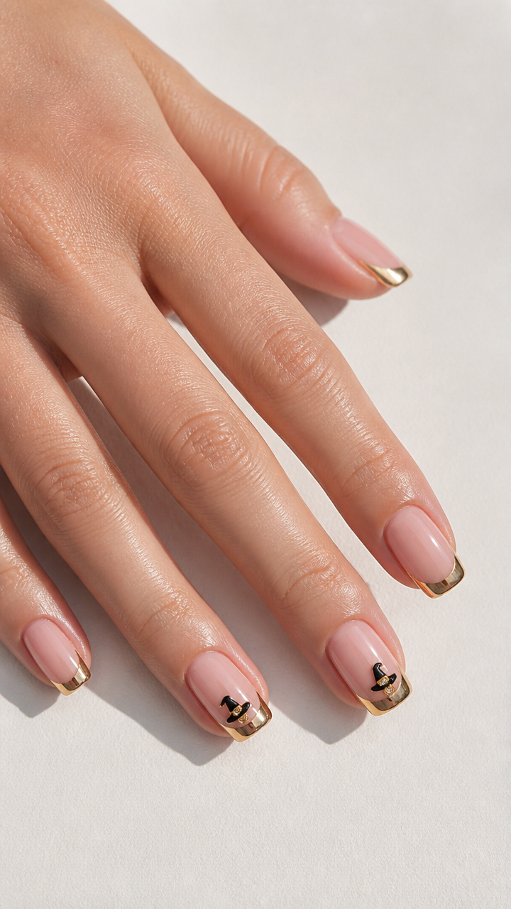 Luxe Metallic Gold French Tips with Tiny Witch Hat Rhinestones