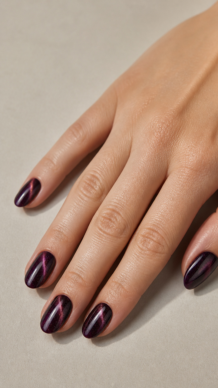Magnetic Cat Eye Nails in Deep Plum with Sparkle Dust