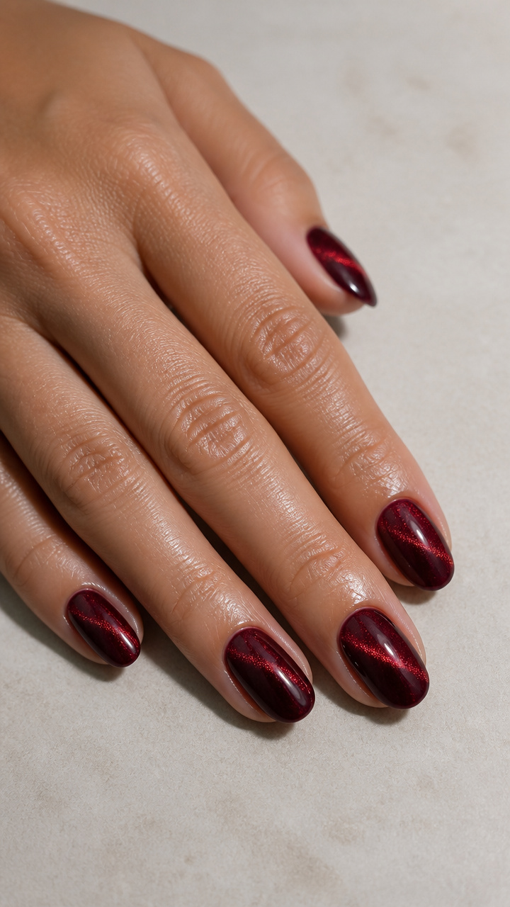 Magnetic Velvet Oxblood Finish with Cat Eye Sparkle on Oval Nails