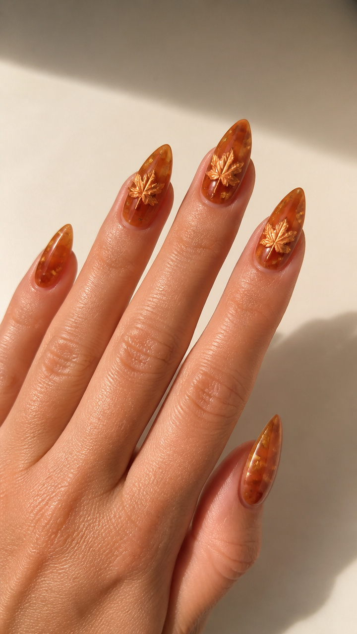 Maple Syrup Amber Nails with 3D Acrylic Leaf Embellishments