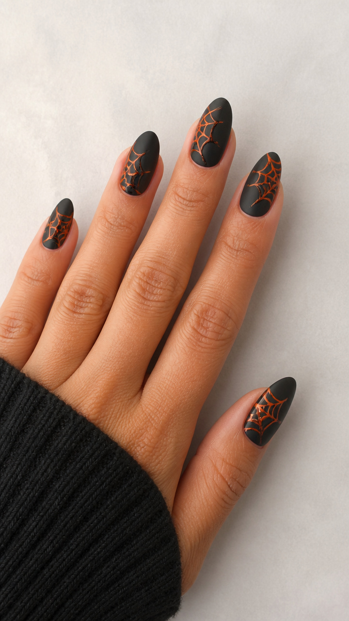 Matte Black Base with Glossy Orange Spiderweb Accents