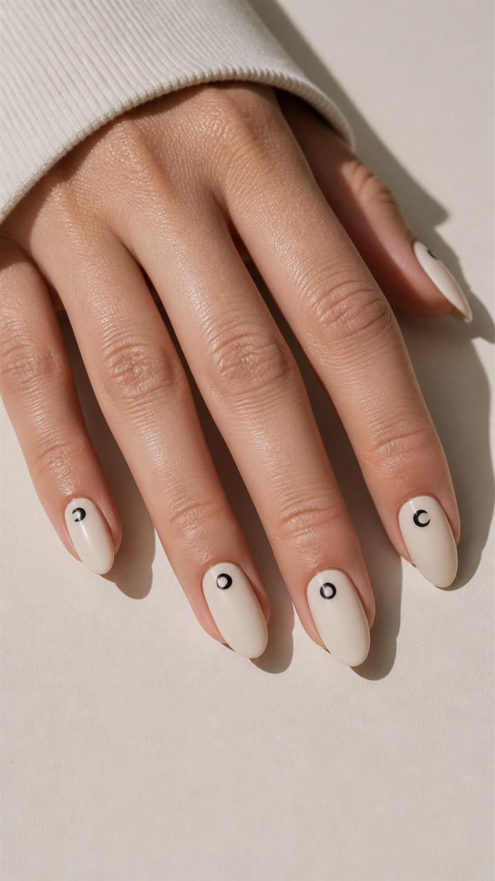 Matte Black Crescent Moon Accents on Cream Nails