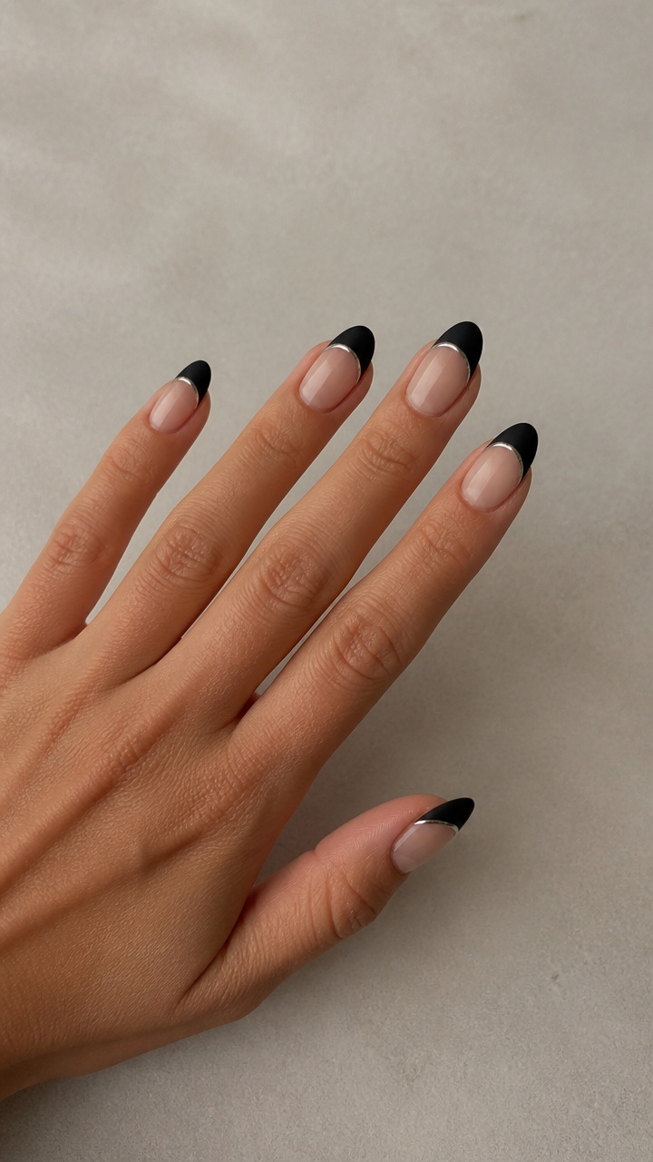 Matte Black French Tips with Silver Rim