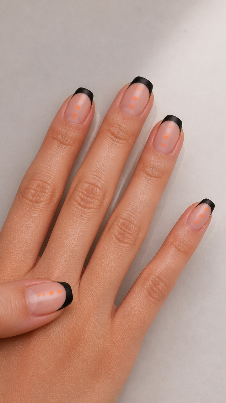 Matte Black French Tips with Vibrant Orange Polish Dots