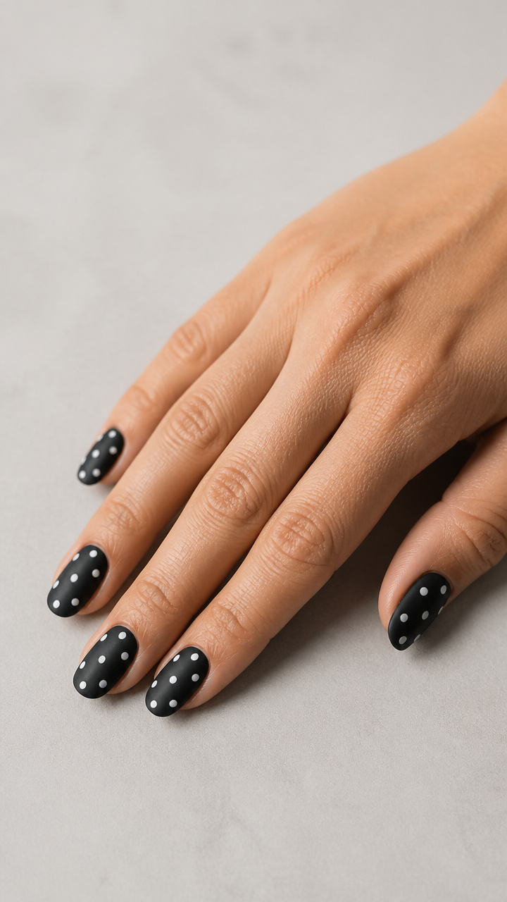 Matte Black Nails with White Polka Dots
