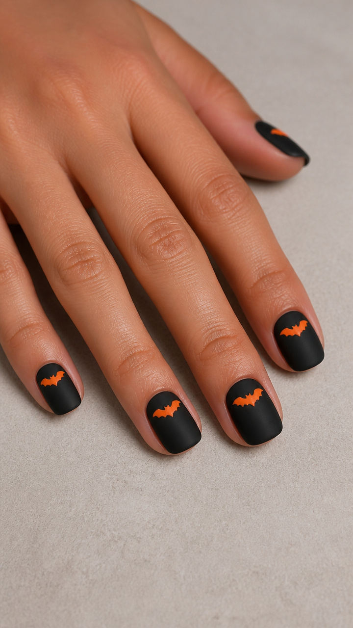 Matte Black Short Squoval Nails with Orange Bat Embellishments
