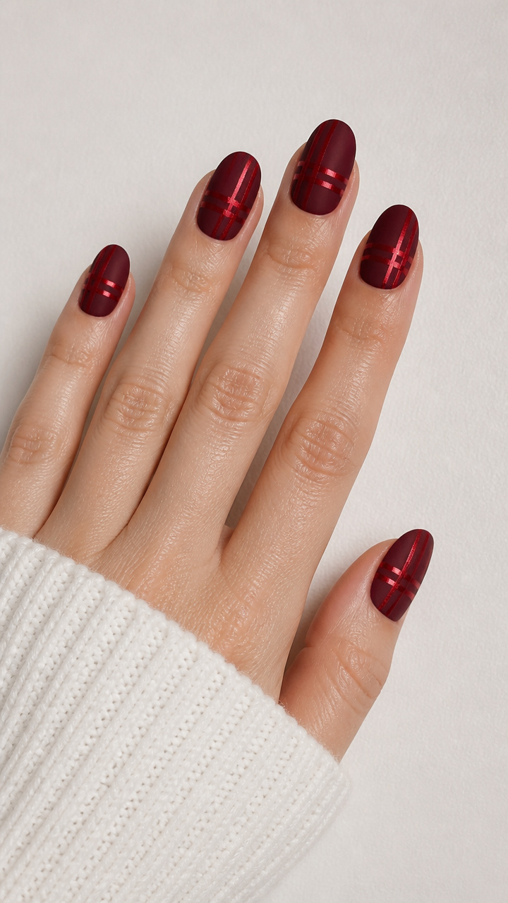 Matte Burgundy Base with Shiny Red Plaid Ribbon Patterns
