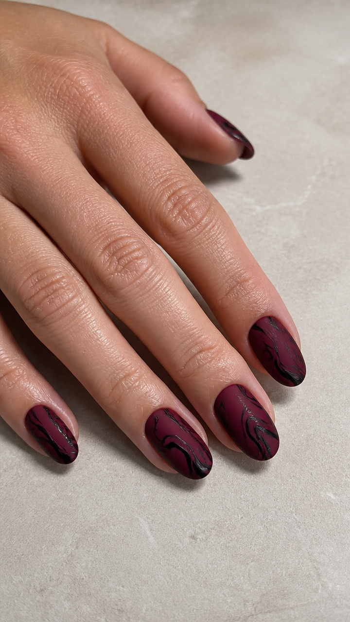 Matte Burgundy Nails with Glossy Black Marble Swirls
