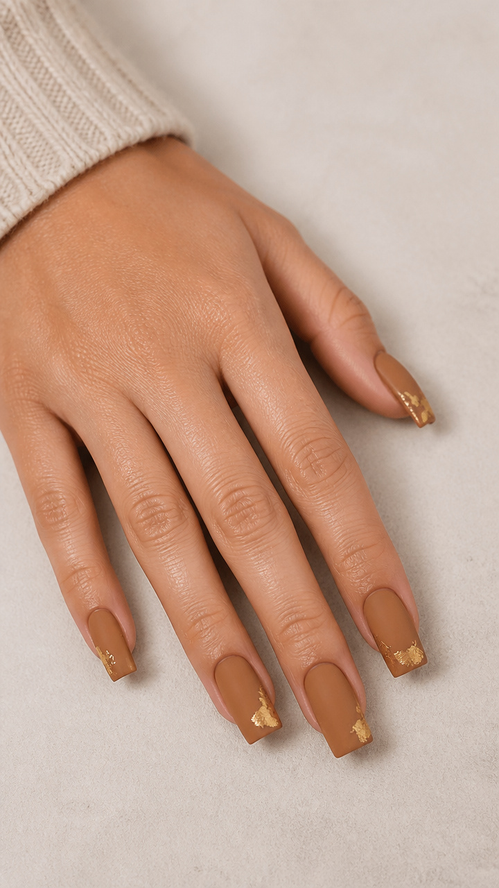 Matte Camel Square Tips with Gold Foil Accents