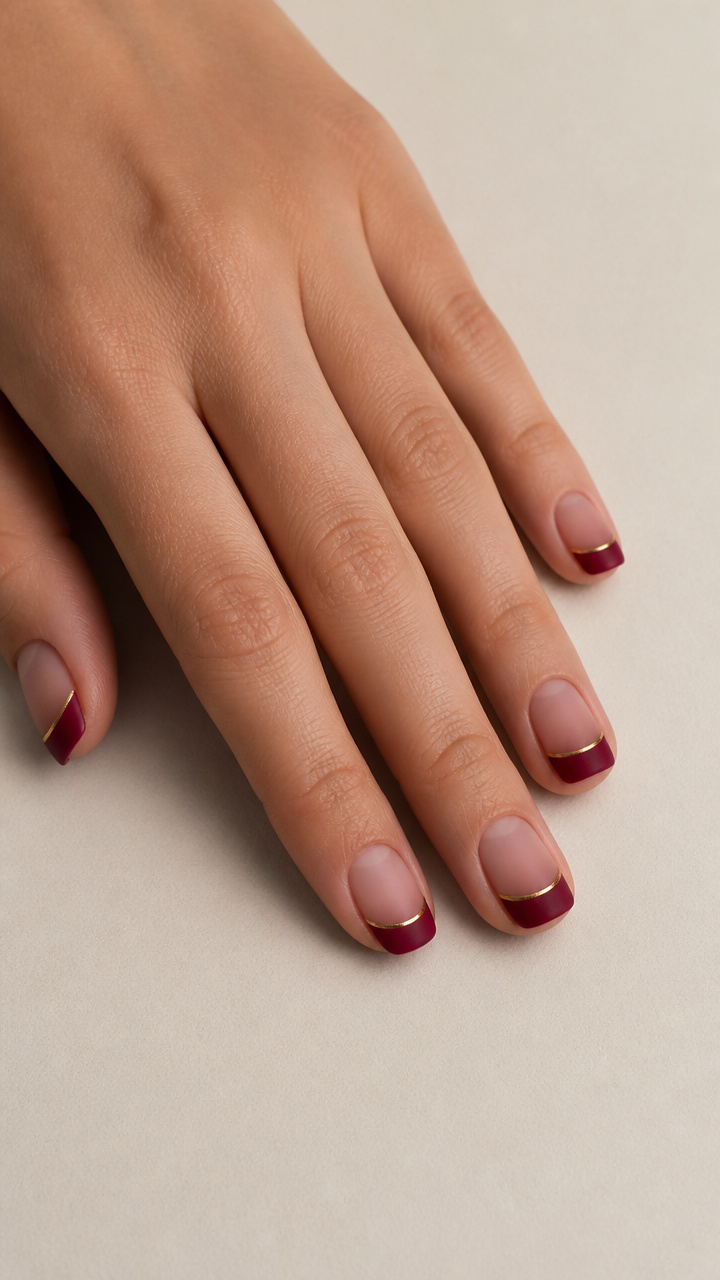 Matte Cranberry French Manicure with Gold Micro-French