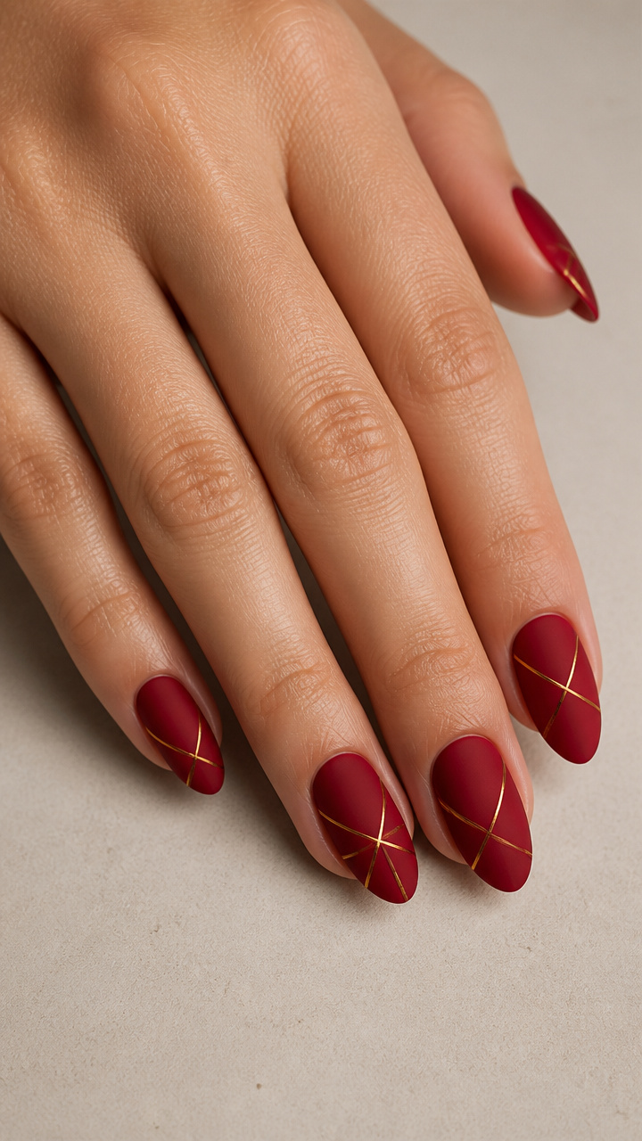 Matte Crimson Nails with Thin Gold Geometric Lines