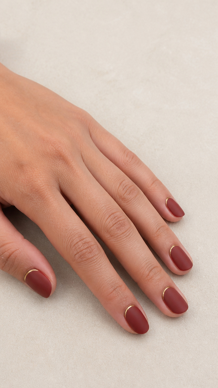 Matte Muted Brick Red Nails with Gold Rim
