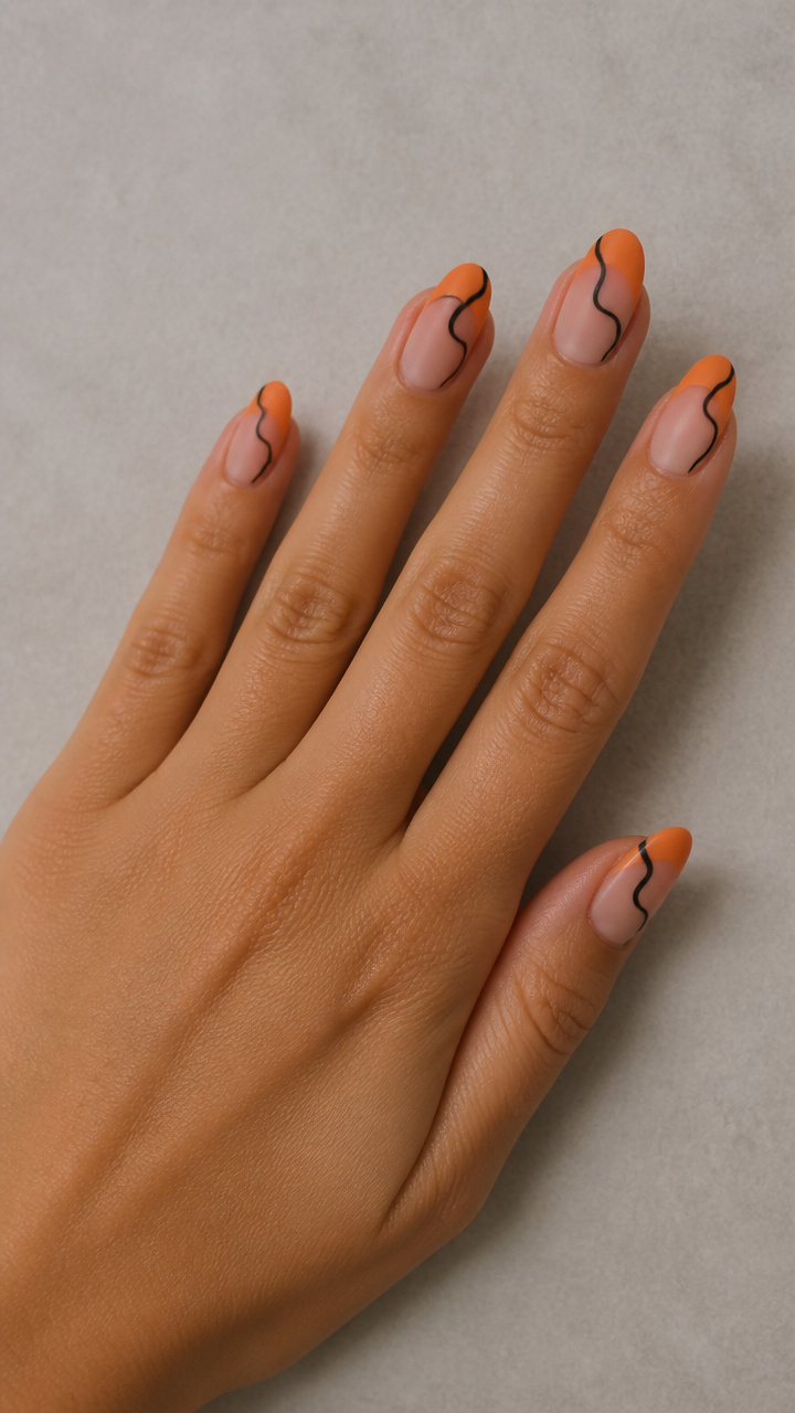 Matte Orange French Tips with Black Wavy Line Art