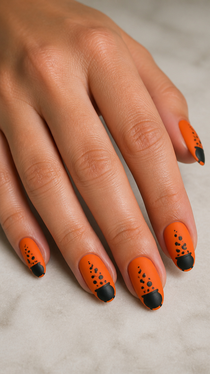 Matte Orange Nails with Black Cauldron Bubble Art