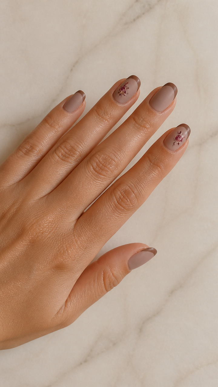 Matte Taupe French Manicure with Dried Rose Accents