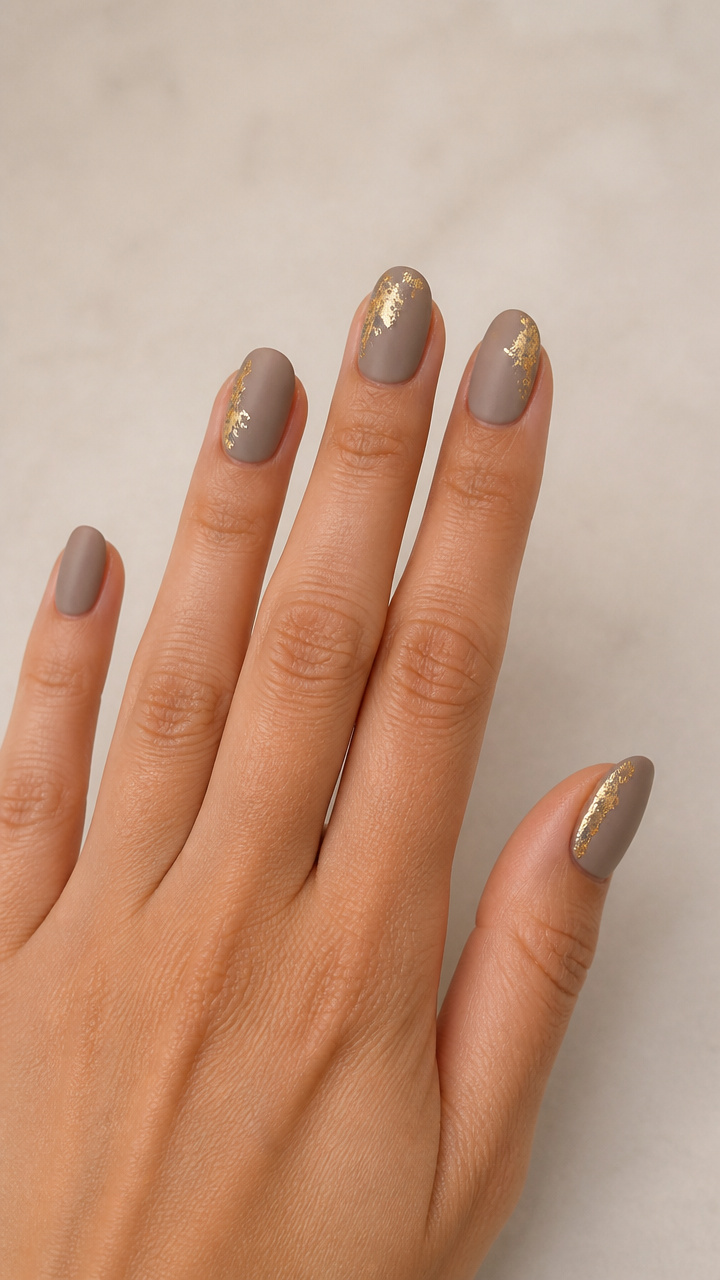 Matte Taupe Manicure with Chunky Gold Foil Details