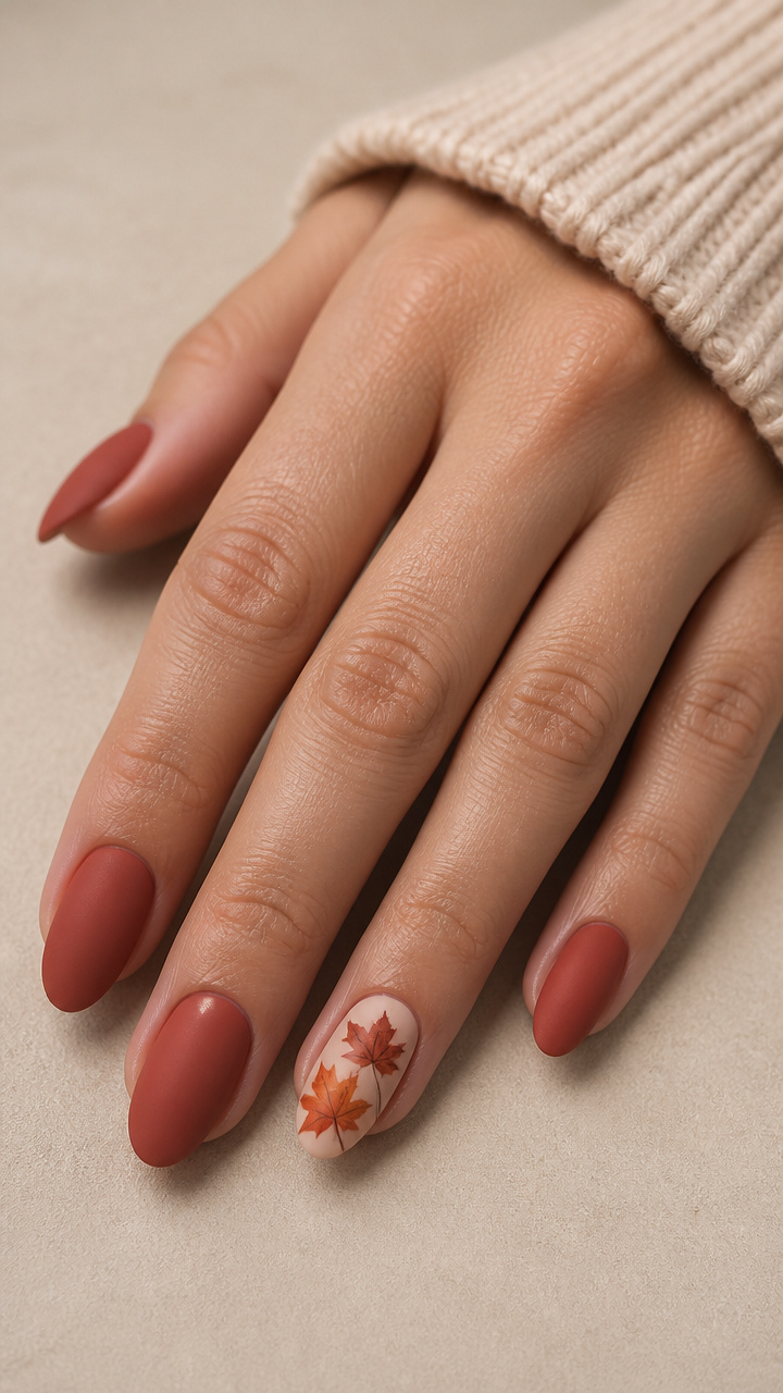 Matte Terracotta Nails with Hand-Painted Maple Leaves