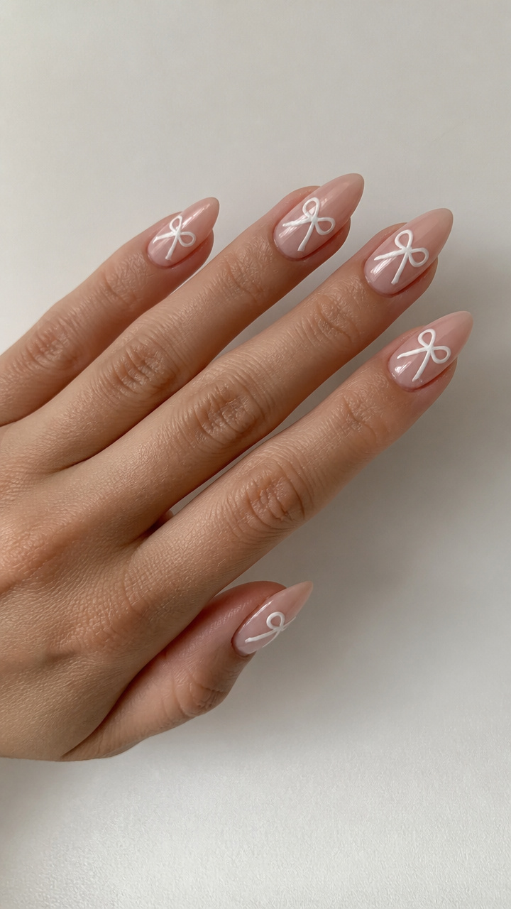 Matte White Bow Over Glossy Nude Almonds