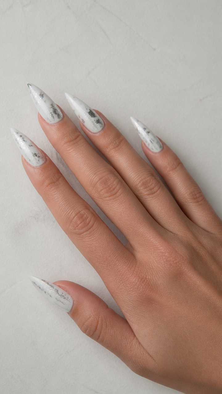 Matte White Stiletto with Silver Foil
